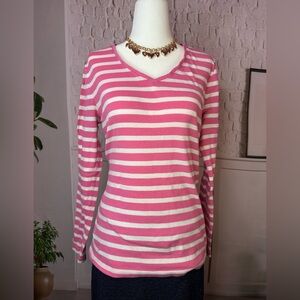 Talbots Pink and White Striped V-Neck Long Sleeve Top med